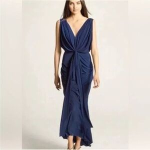 MISA Los Angeles Xenia Crepe Jersey Maxi Dress Draped Knot Front Royal Blue Sz M